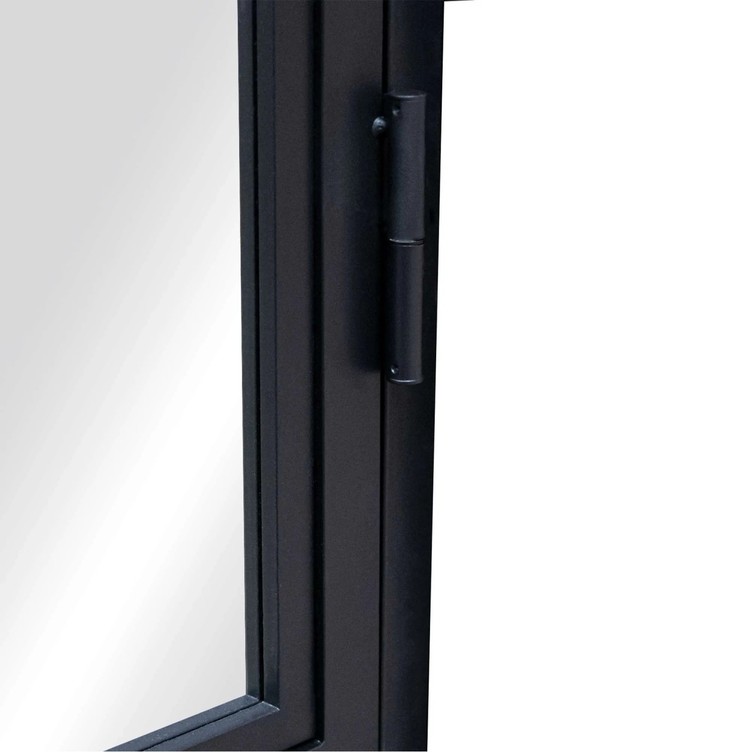 Detailaufnahme: Schwarze inova Loft Glastür mit Beschlag und Scharnier.