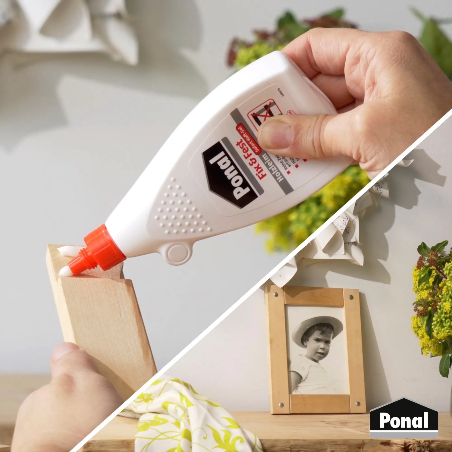 Anwendung von Ponal Fix & Fest Holzleim aus der 500g Flasche. Transparent trocknender Kleber.