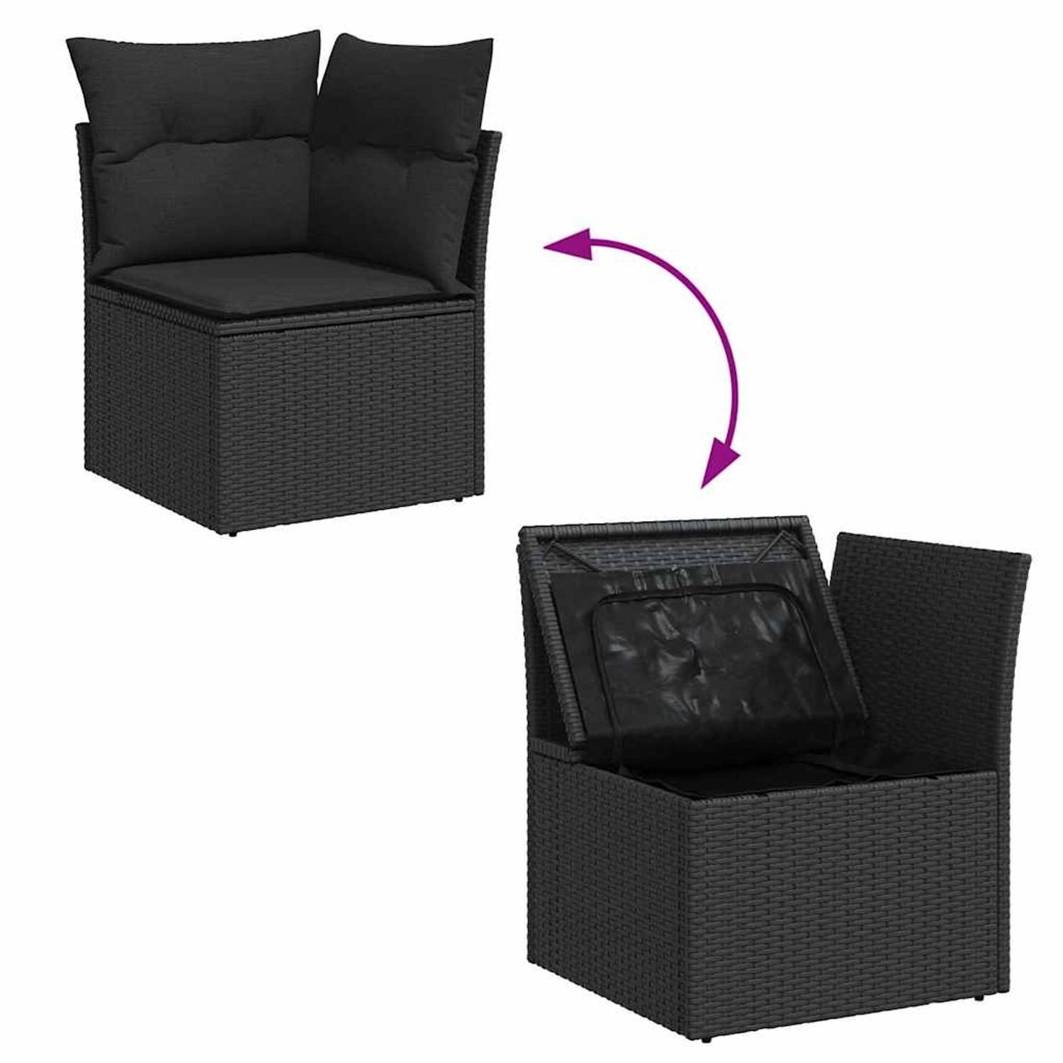 vidaXL Garten-Sofa-Set, 5-teilig, schwarz, Poly Rattan, mit Kissen und Stauraum unter der Sitzfläche.