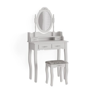 Weißer Vicco Schminktisch Meghan (75 cm) mit ovalem Spiegel und Hocker.