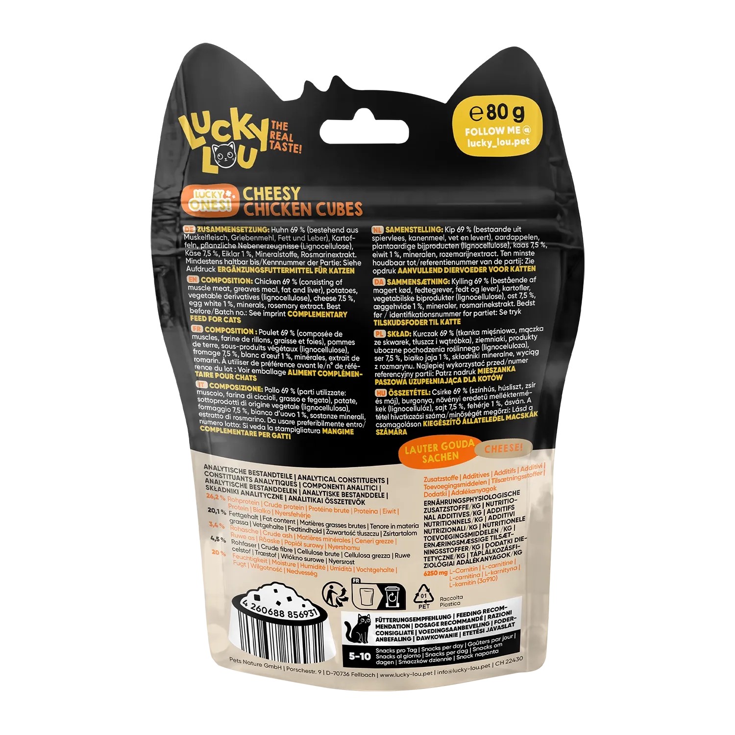 Lucky Lou Katzen-Trockenfutter mit Käse & Huhn, 80g Packung.