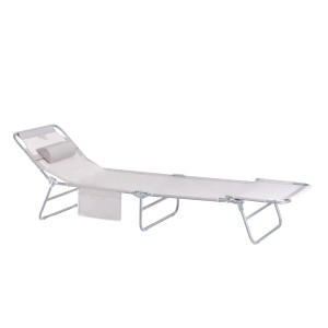 Beige SoBuy Gartenliege OGS35-MI, klappbare Sonnenliege mit Seitentasche und Kopfkissen.