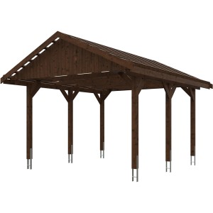 Satteldach-Carport Wallgau in Nussbaum, Holzkonstruktion mit Dachlattung für Dachziegel.