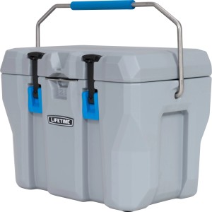 Graue Lifetime Kühlbox Campingbox mit Tragegriff und blauen Akzenten, 26,5 Liter.