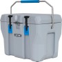 Graue Lifetime Kühlbox Campingbox mit Tragegriff und blauen Akzenten, 26,5 Liter.