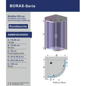 Aquabatos Viertelkreis-Duschkabine Runddusche 6 mm ESG Sicherheitsglas Duschabtrennung Schiebetür 80 x 80 x 185 cm Duschtrennwand Glaswand Rund Dusche