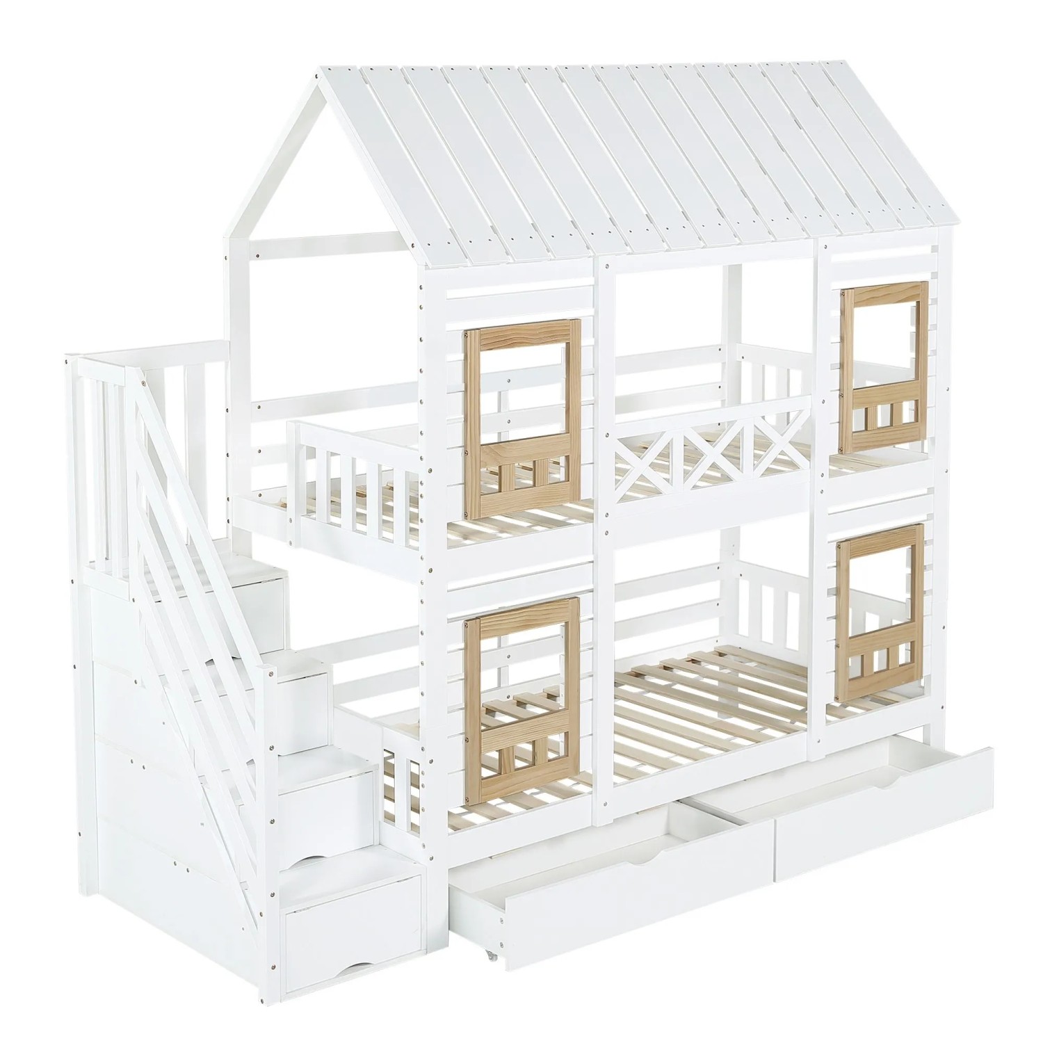 okwish Etagenbett 90x200cm mit Fenster Treppe und 2 Schubladen Weiß ohne Matratze