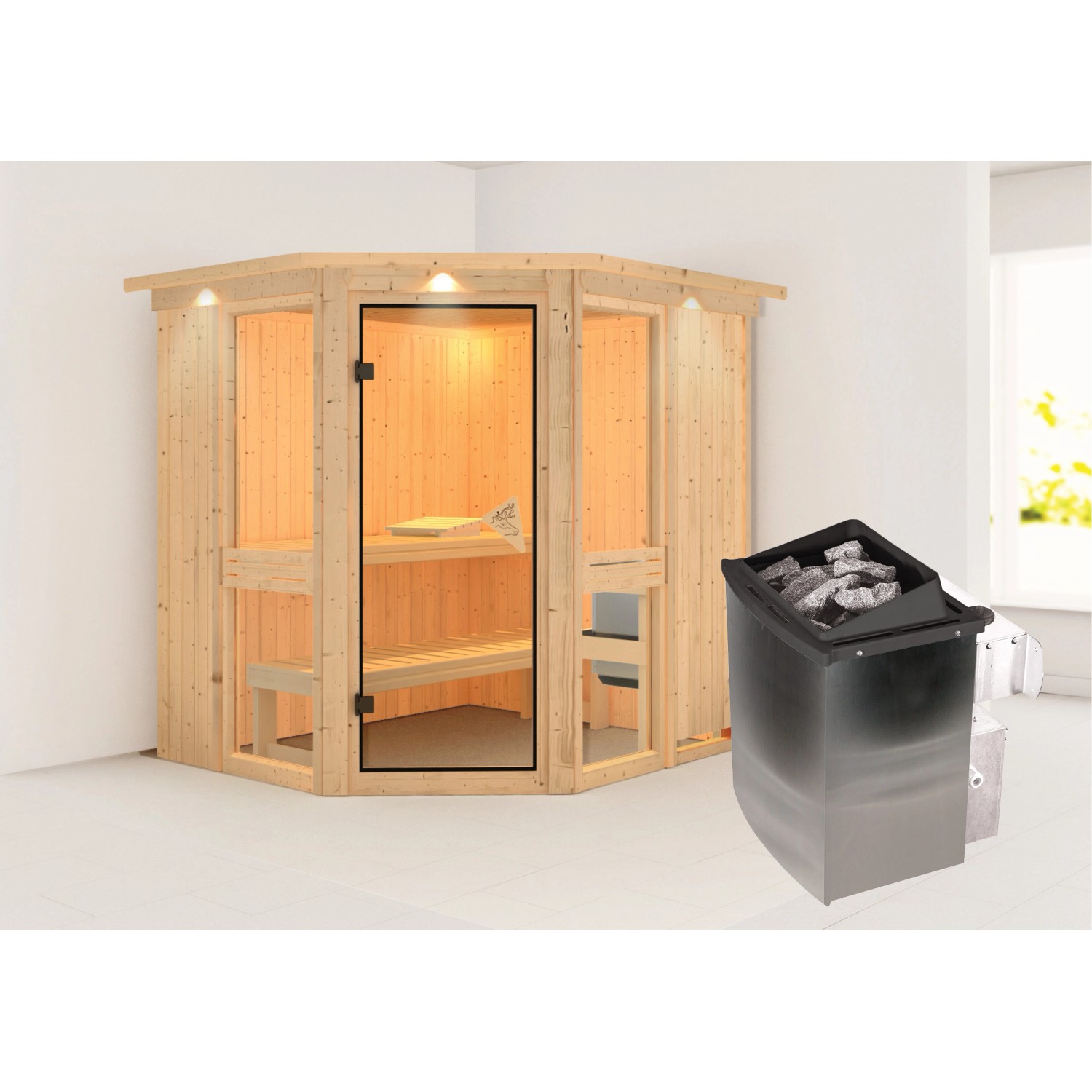 Karibu Sauna Anina 1 mit Ofen intergrierte Stg.LED-Dachkranz Natur günstig online kaufen