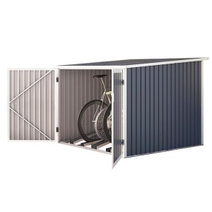 Graue Hattoro Fahrradgarage aus Metall mit geöffneter Tür und zwei Fahrrädern im Inneren.