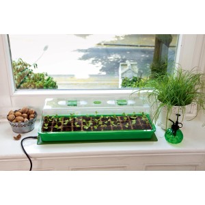 Romberg Heizmatte 60x15 cm mit Anzuchthaus und jungen Pflanzen auf einer Fensterbank.