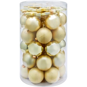 Goldenes Weihnachtskugel-Set mit Sternen, 50-teilig, matte, glänzende und glitzernde Oberflächen.