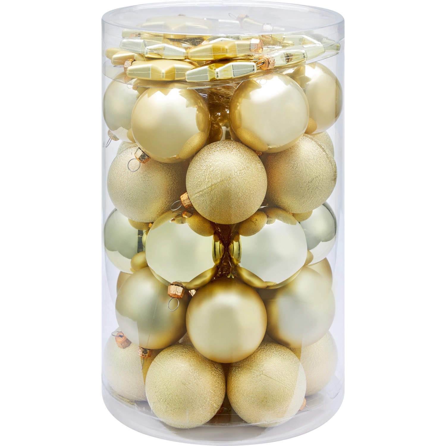 Goldenes Weihnachtskugel-Set mit Sternen, 50-teilig, matte, glänzende und glitzernde Oberflächen.