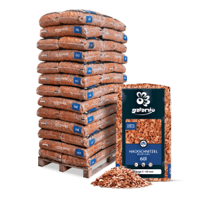 Palette Galamio Holzhackschnitzel Orange, 39 Säcke à 60l, Dekormulch für Gartenwege und Grünflächen.