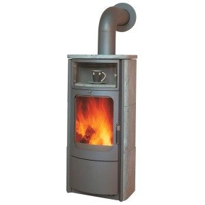 Hark Kaminofen Opera-B Naturstein, 7 kW, mit Feuer, Teefach und runder Scheibe.