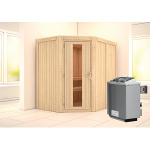 Karibu Sauna-Set Cleo mit Ofen (9 kW) und Energiespartür aus Fichte. Elementsauna mit Ofen und Liegen.