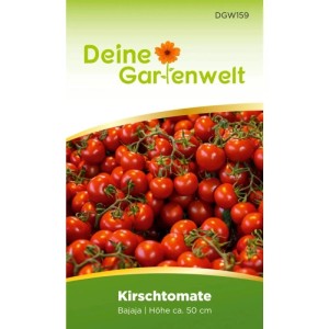 Deine Gartenwelt Kirschtomate Bajaja Samenpackung mit reifen, roten Kirschtomaten am Strauch. Ideal für Balkon.