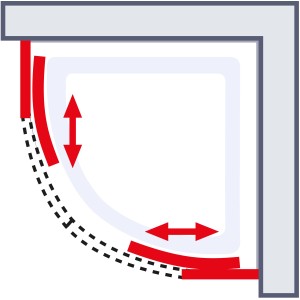 Schemazeichnung Schulte Runddusche II 100x100 cm mit Schiebetüren und Aluminiumprofilen.