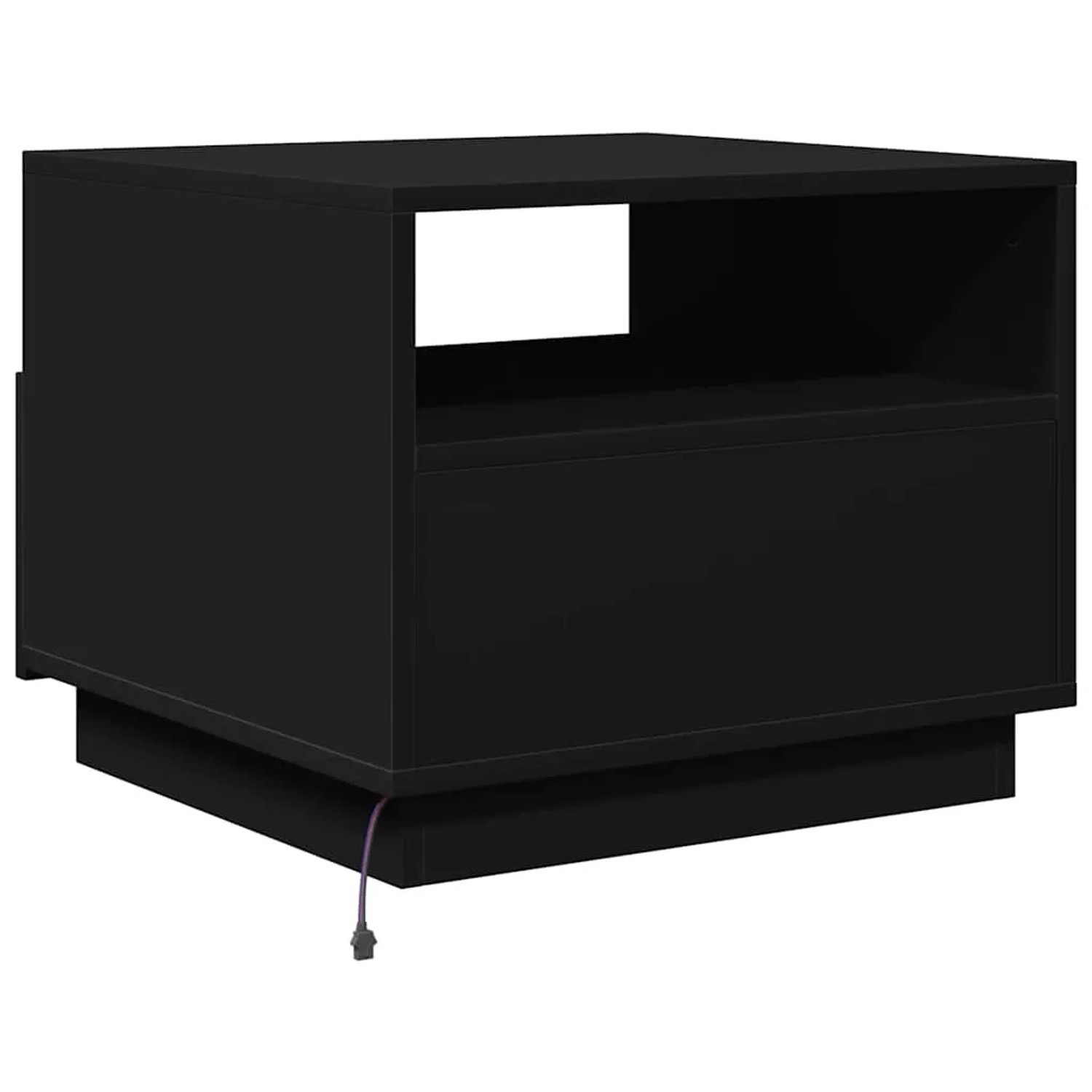 Schwarzer Couchtisch aus Holzwerkstoff mit offenem Fach und RGB-LED-Beleuchtung. Modernes Design für Ihr Wohnzimmer.