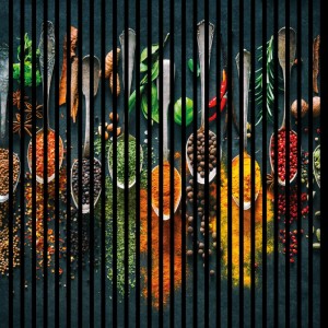 FN Acustico Akustikplatte Spice: Löffel mit verschiedenen Gewürzen auf dunklem Grund.