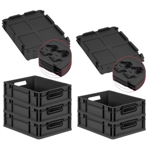 PROREGAL SuperSparSet: 5 schwarze Euroboxen mit Scharnierdeckel, 11 Liter, offene Griffe. Aufbewahrungsboxen.