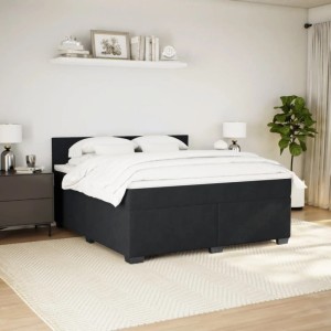 Schwarzes vidaXL Boxspringbett (180x200 cm) mit Samtbezug und Matratze im Schlafzimmer.