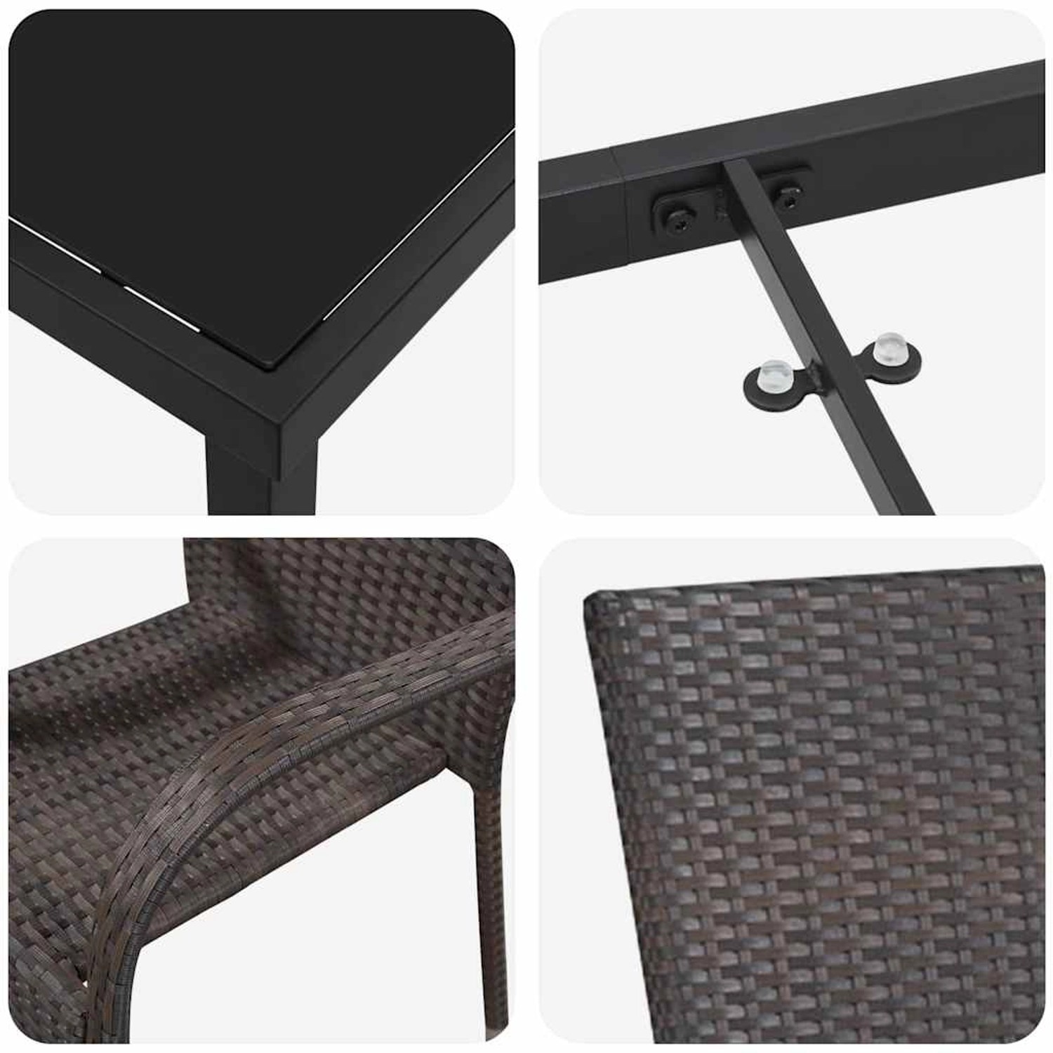 Detailansicht: vidaXL Garten Essgruppe, 7-tlg, braunes Poly Rattan, Tisch mit Glasplatte, Stuhlgeflecht.