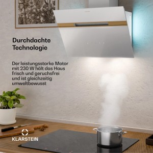 Weiße Klarstein Alina Wandhaube mit goldener Leiste über Kochfeld. Dampf wird abgesaugt. Mit LED-Licht & Touch-Bedienung.