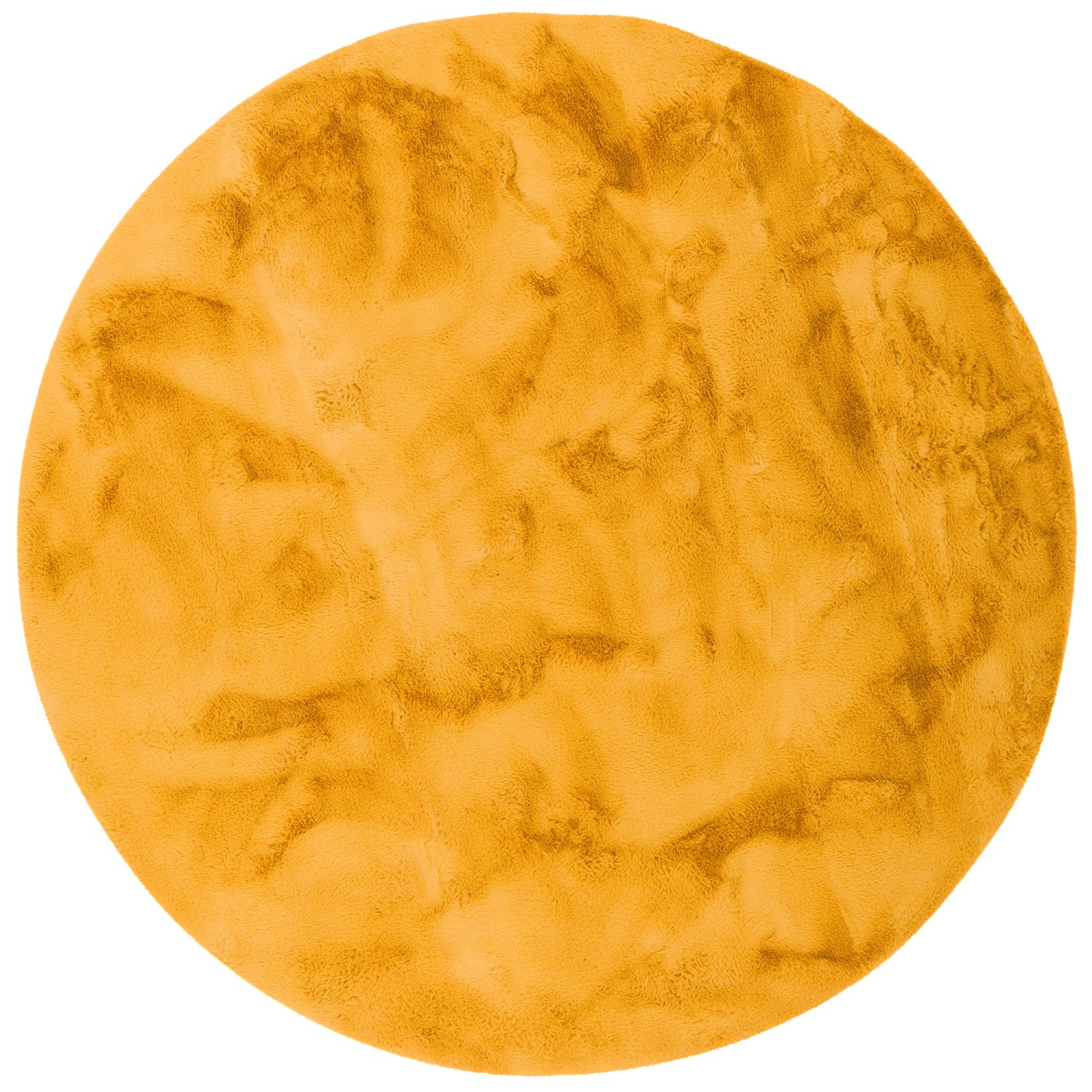 Runder, curryfarbener Fellteppich (80x80cm) der Marke Pergamon. Super Soft und luxuriös.