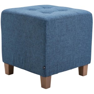 Blauer quadratischer Sitzhocker Pharao aus Stoff mit gesteppter Sitzfläche und Holzbeinen.