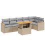 Beige 7-tlg. vidaXL Garten-Sofagarnitur aus Rattan mit hellgrauen Kissen und höhenverstellbarem Tisch.