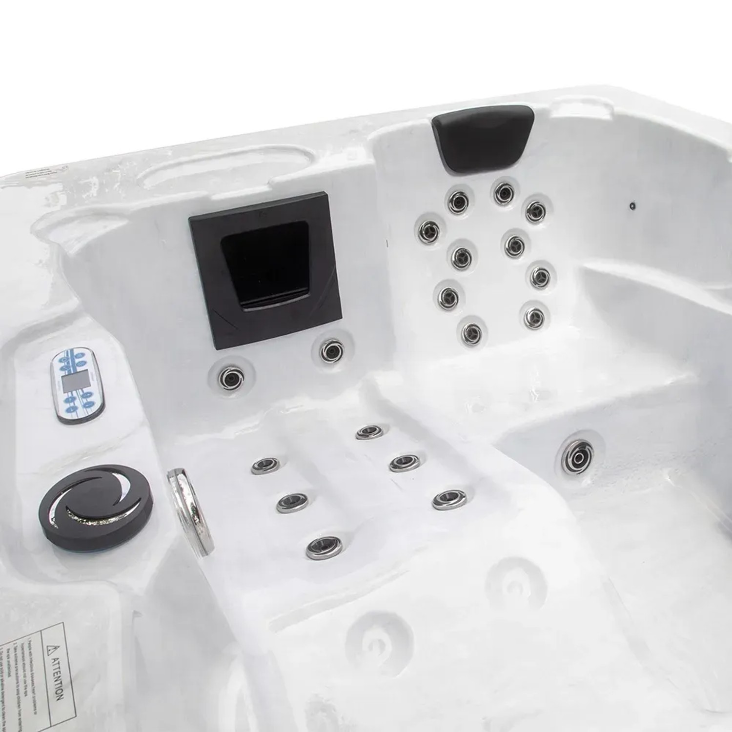 Detailansicht des Home Deluxe Outdoor Whirlpools White Marble Plus mit Düsen und Bedienelementen.