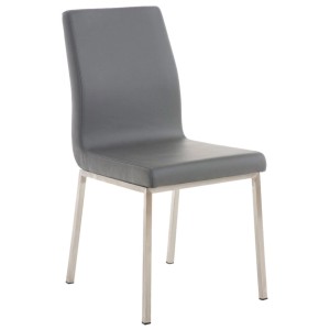 Grauer Esszimmerstuhl Colmar aus Kunstleder mit hoher Rückenlehne und mattem Edelstahlgestell. Modernes Design für Esszimmer.