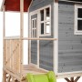 Graues EXIT Loft 500 Holzspielhaus mit Rutsche und Sandkasten.