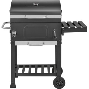 Dunkelgrauer Jamestown Holzkohlegrill Jaxon mit Deckel, Thermometer, Seitenablage und Rädern. Ideal für Garten.