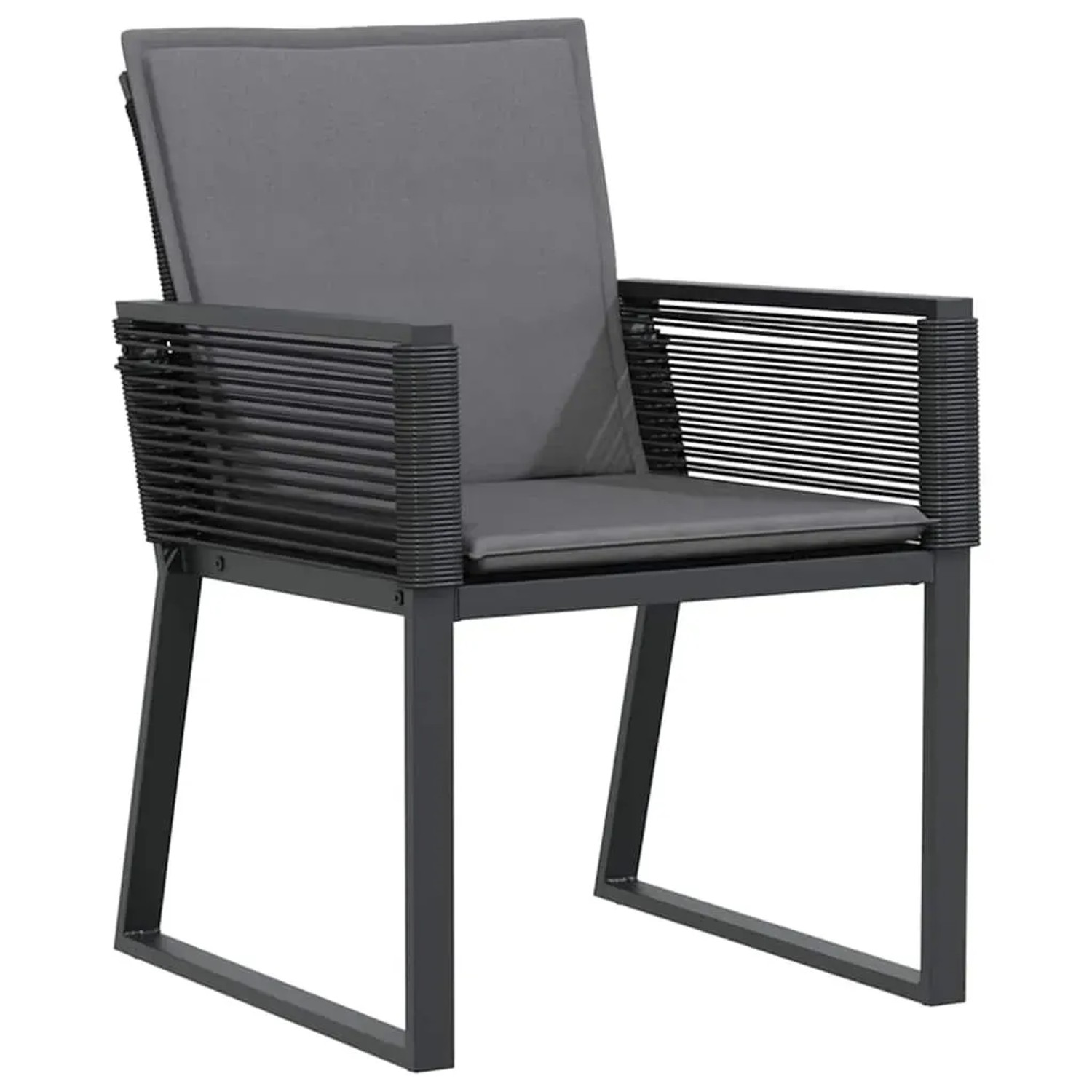 Schwarzer Gartenstuhl aus Poly Rattan mit grauen Kissen, Teil der 5-tlg. vidaXL Essgruppe.