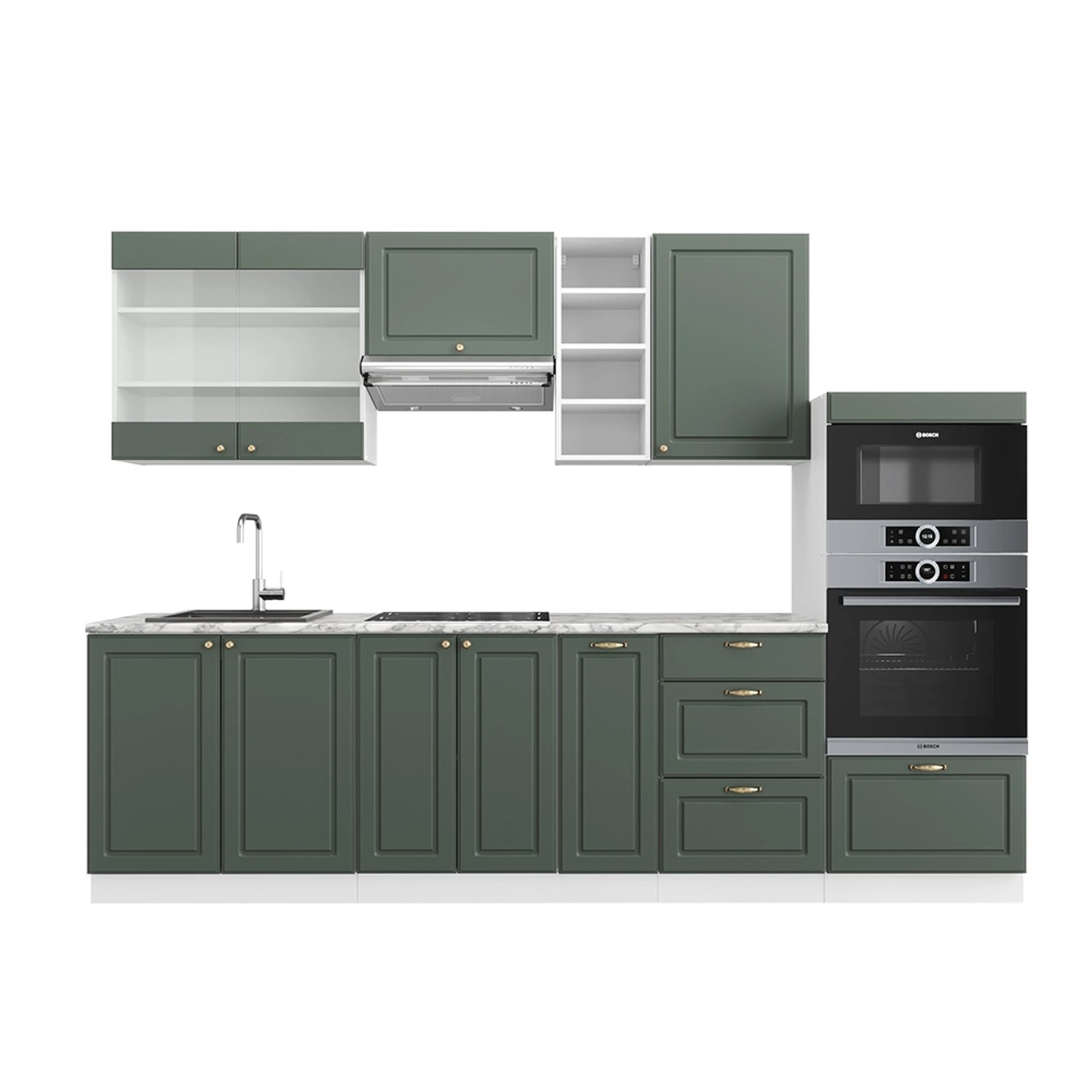 Vicco Fame-Line Küchenzeile Grün-Gold Landhaus/Weiß 280 cm AP Marmor günstig online kaufen