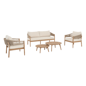 Bizzotto Lounge-Gruppe Thiago: Sofa, Sessel und Tische aus Akazienholz mit Kissen in Nature Brown.