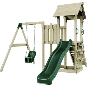 PolarPlay Spielturm Bergen mit Babyschaukel, Kletterwand und grüner Rutsche.