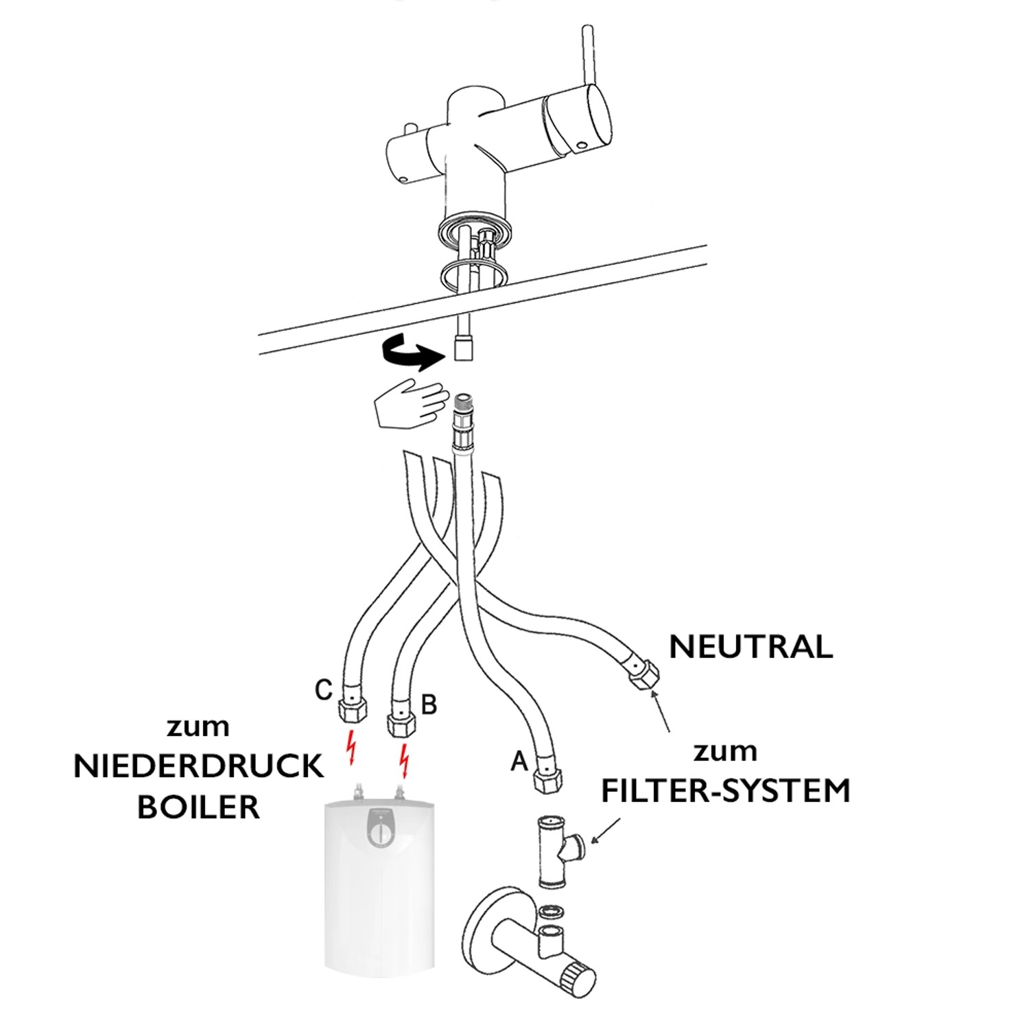 Installationsskizze VIZIO Niederdruck 3-Wege Wasserhahn Küchenarmatur mit Boiler und Filtersystem.
