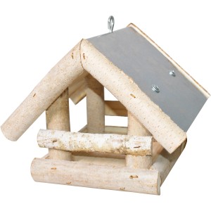 Vogelfutterhaus aus Holz mit Zinkdach, 19x19 cm, zum Aufhängen.