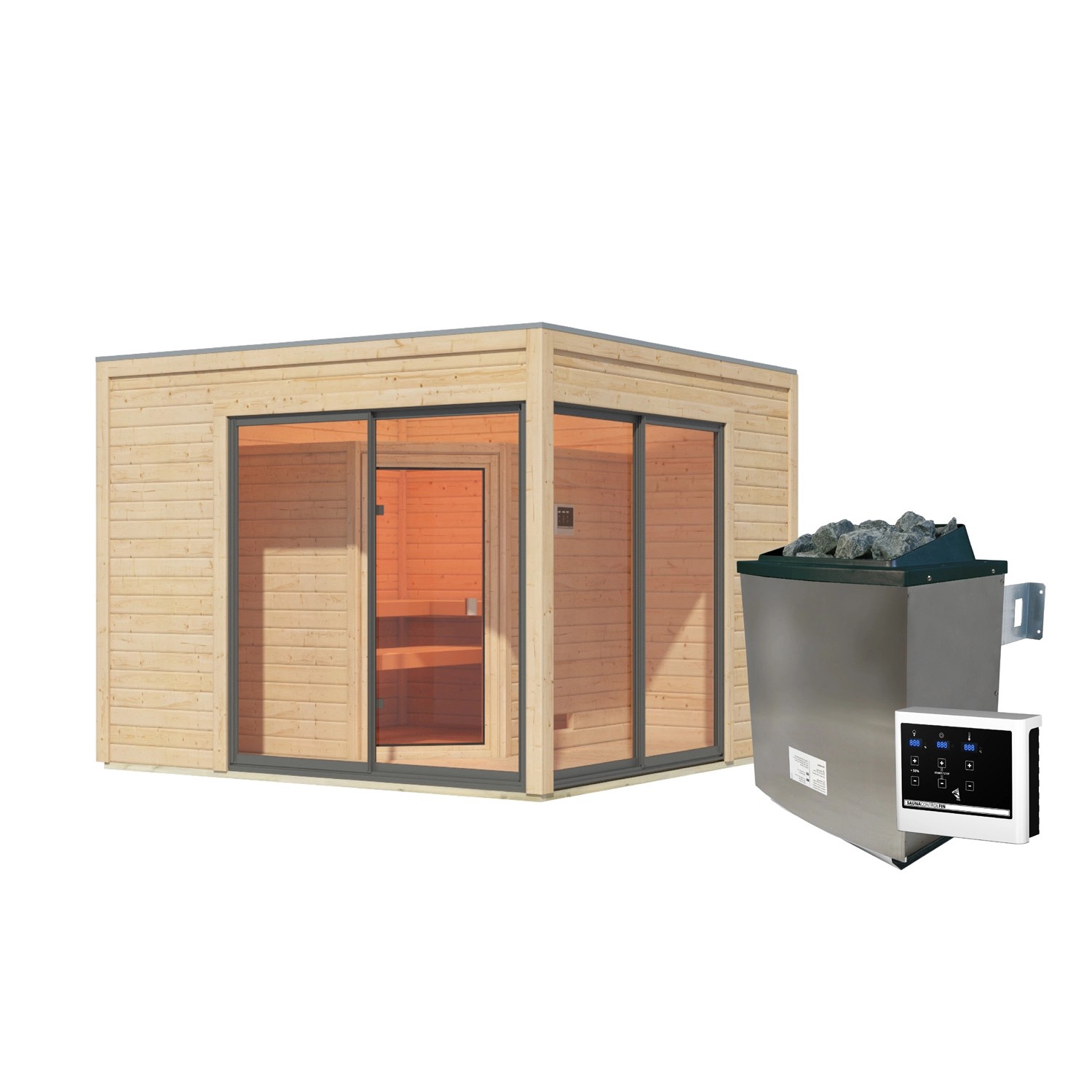 Karibu Saunahaus Cubulis 3 Var. B Naturbelassen mit Ofen 9 kW ext. Steuerung