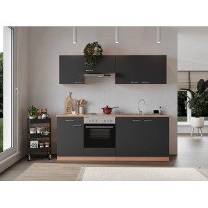 Respekta Küchenzeile KB210BGE in Grau/Buche Nachbildung mit E-Geräten und Spüle.