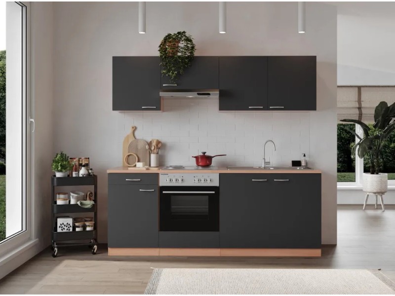 Respekta Küchenzeile KB210BGE 210 cm Grau-Buche – Grau / Buche Nachbildung