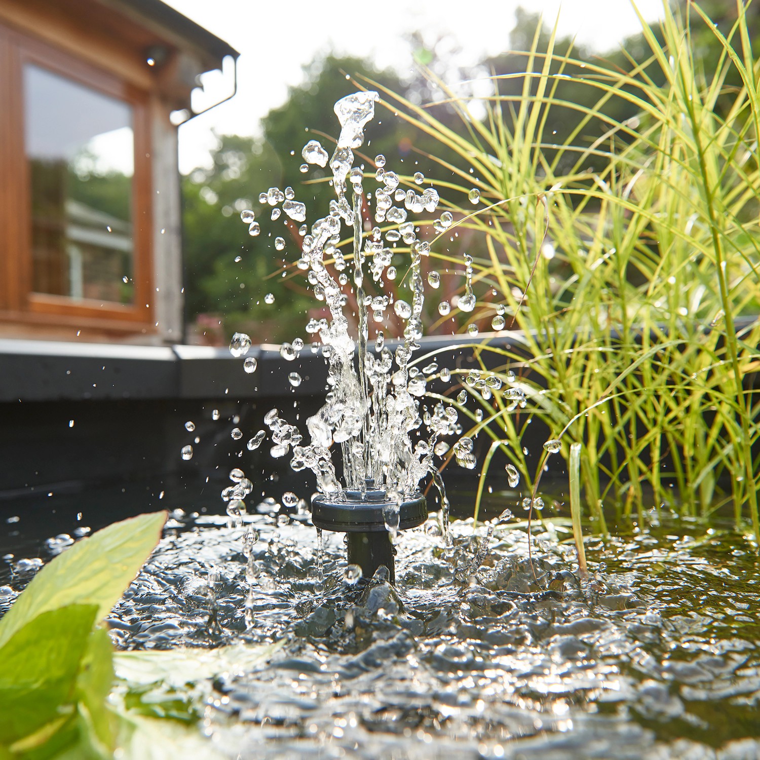 Hozelock Outdoor Aquarium 500 l mit Wasserspiel und Bepflanzung im Garten.