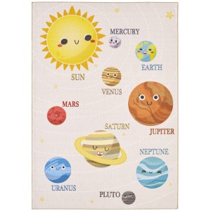 Beiger Kinderteppich 140x200 cm mit Planeten-Motiv für das Kinderzimmer.
