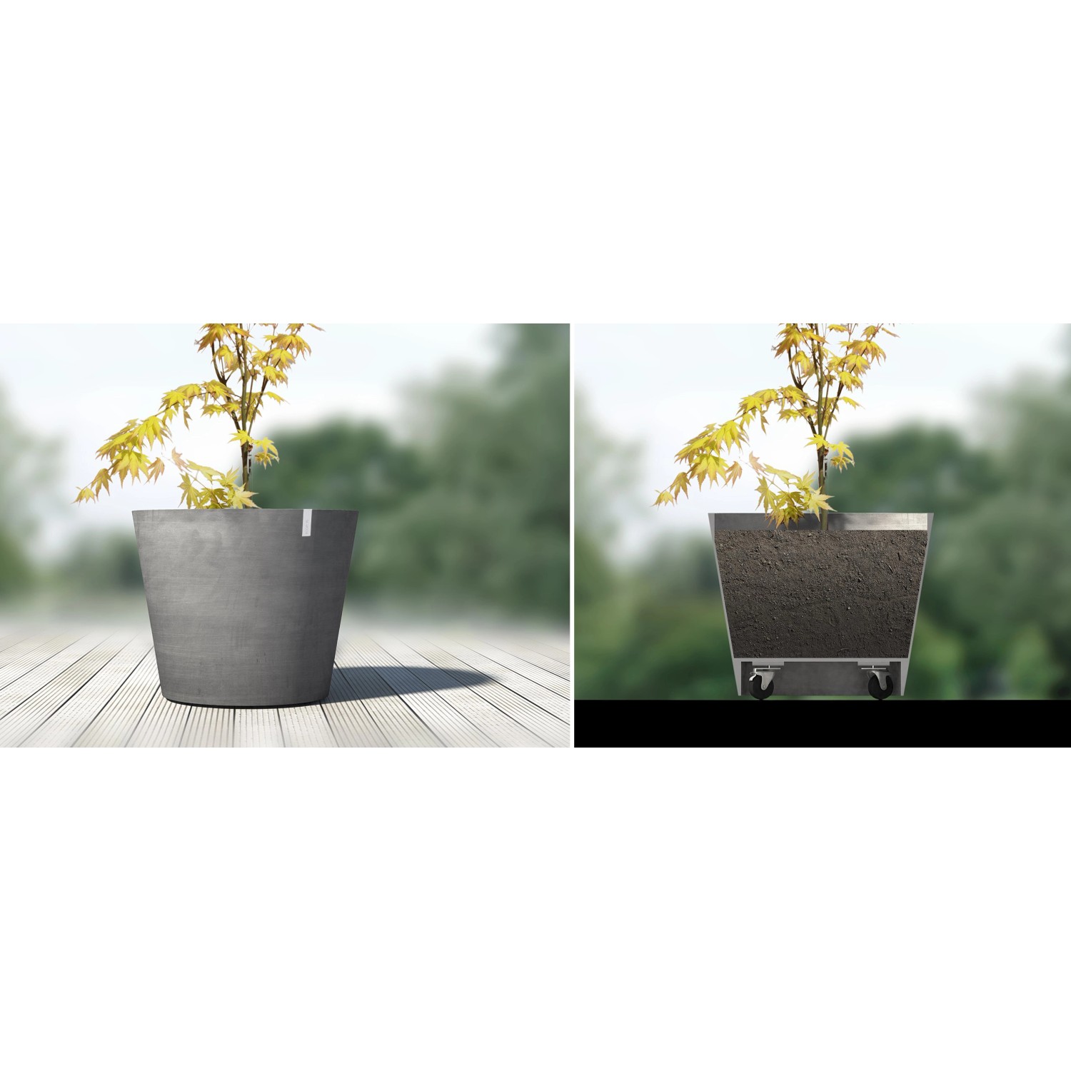 Grauer Ecopots Pflanztopf Amsterdam Ø 60 cm mit Rollen, für Innen- und Außenbereich.