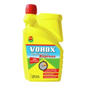 Gelbe Flasche Vorox Unkrautfrei Express 1L zur Unkrautbekämpfung im Beet.