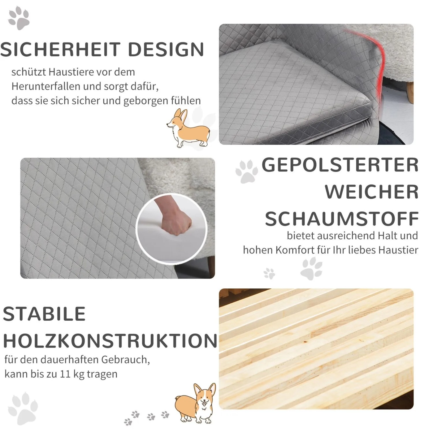 PawHut Hundesofa mit Holzbeinen bis zu 8 kg Samt-Touch Grau 64 x 45 x 36 cm_5