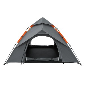 Graues Pop-Up Camping Zelt für 3-4 Personen. Schnell aufgebautes, wasserdichtes Outdoor-Zelt mit orangefarbenen Akzenten.