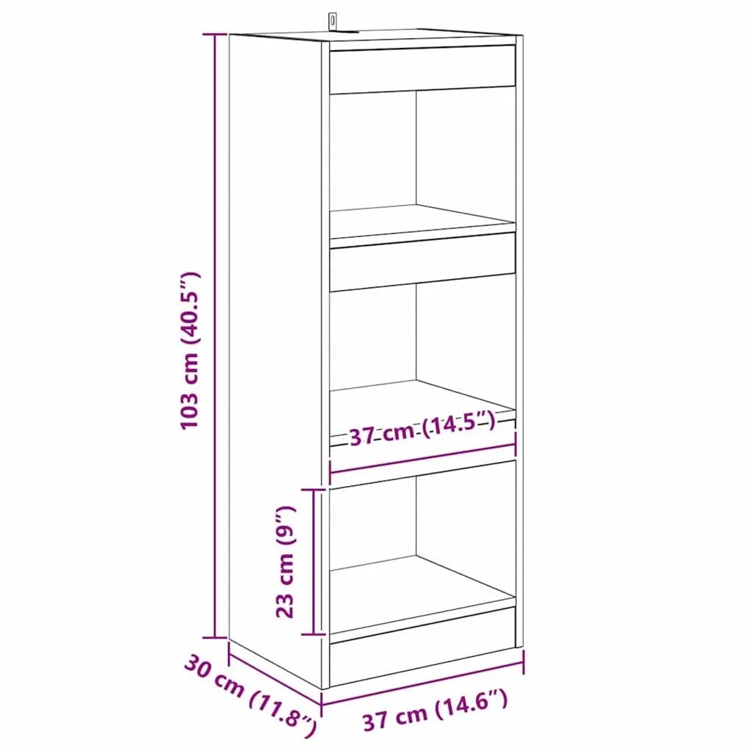 Maßzeichnung vidaXL Bücherregal Braun, 40x30x103 cm, Holzwerkstoff, mit 3 Fächern.